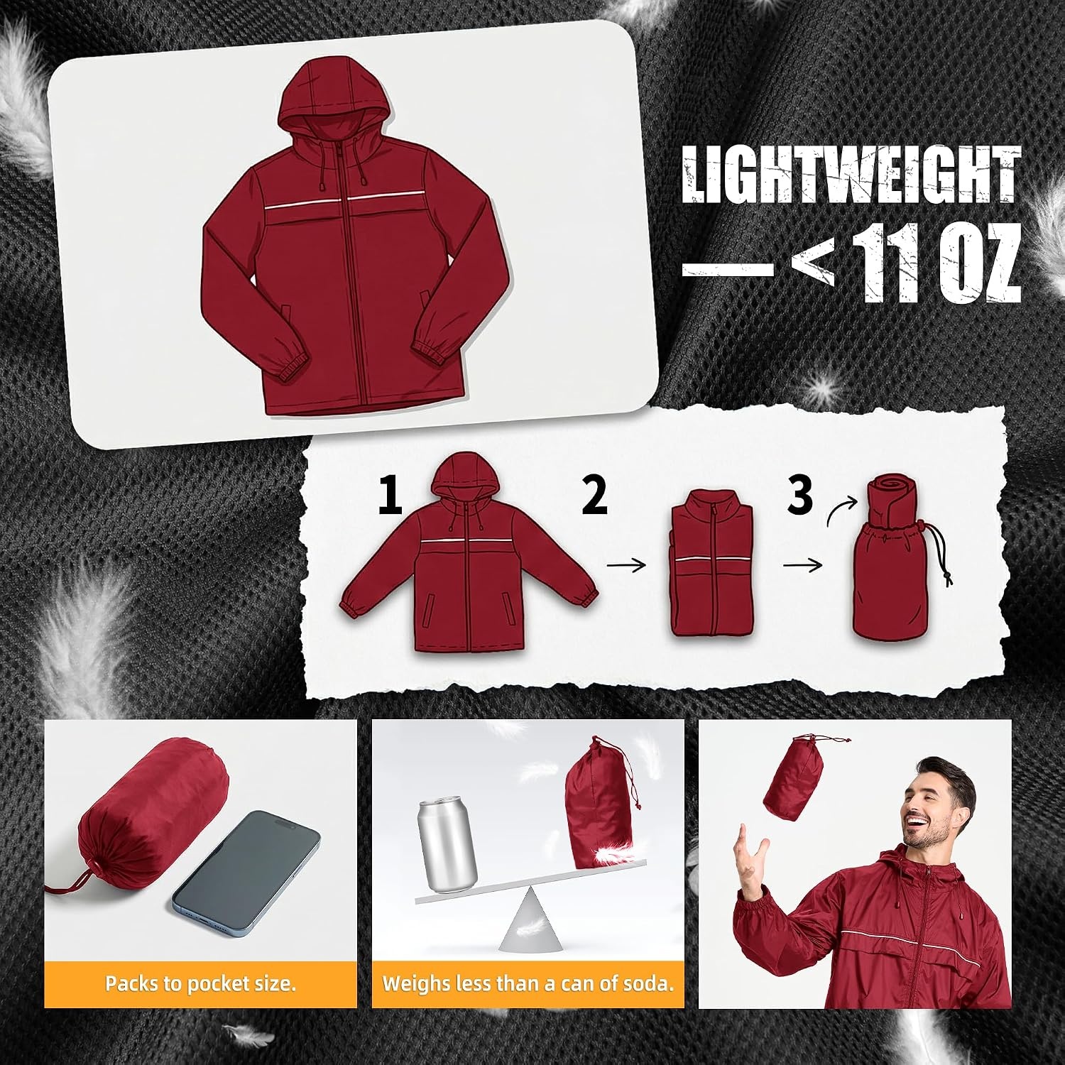 image:imageZITY Mens Rain Jacket Waterproof Lightweight Rain Coat Packable WindbreakerRed