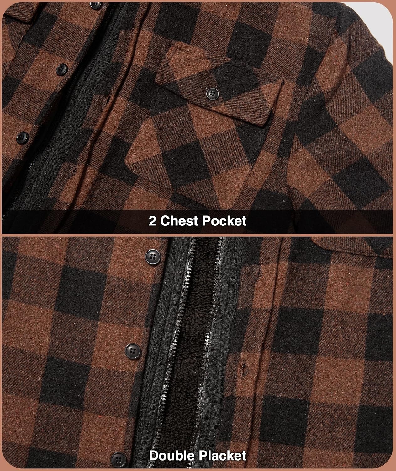 image:imageZITY Mens Sherpa Flannel Shirt Jacket Plaid Fleece Lined Hooded SweatshirtKhaki