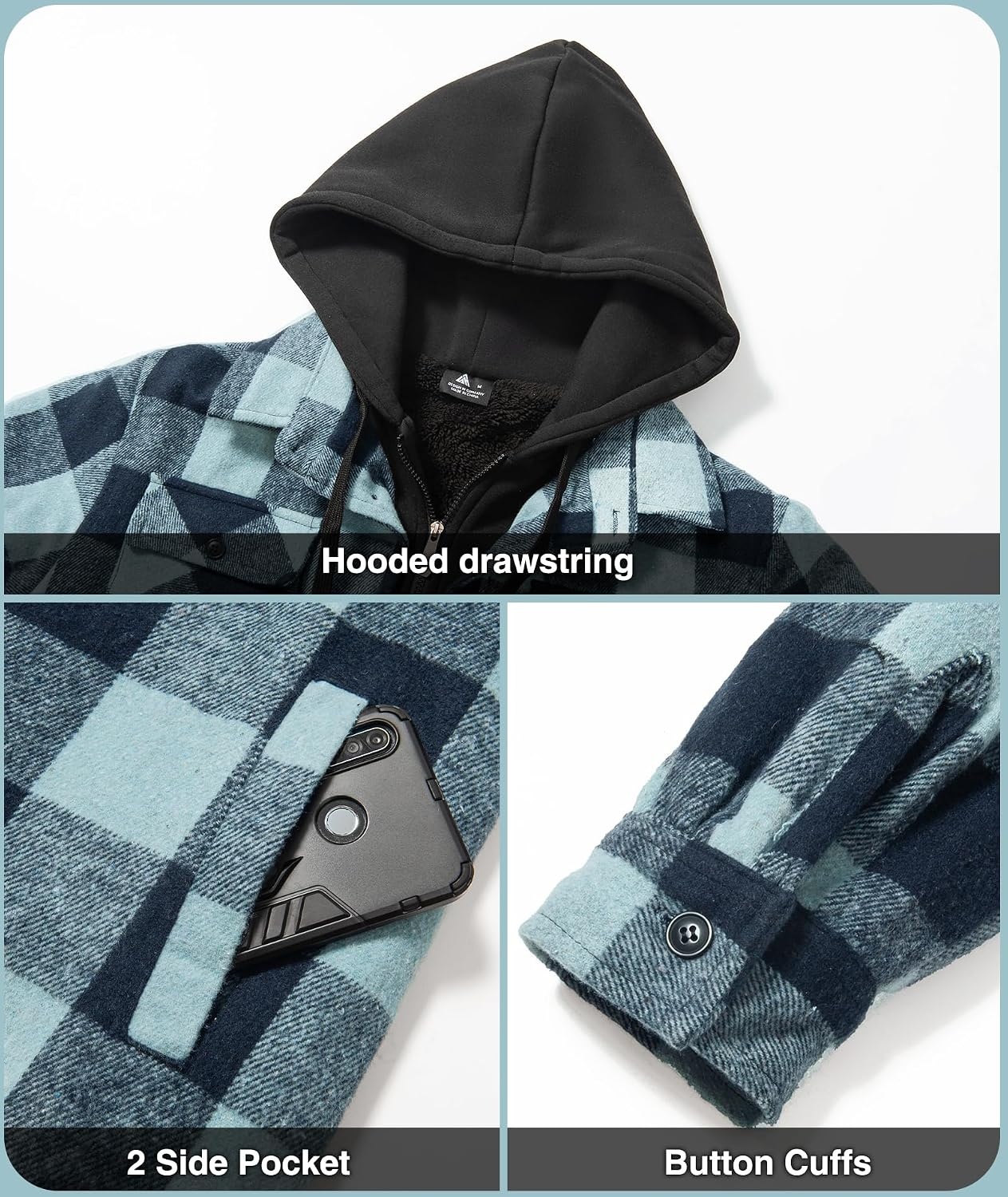 image:imageZITY Mens Sherpa Flannel Shirt Jacket Plaid Fleece Lined Hooded SweatshirtLight Green