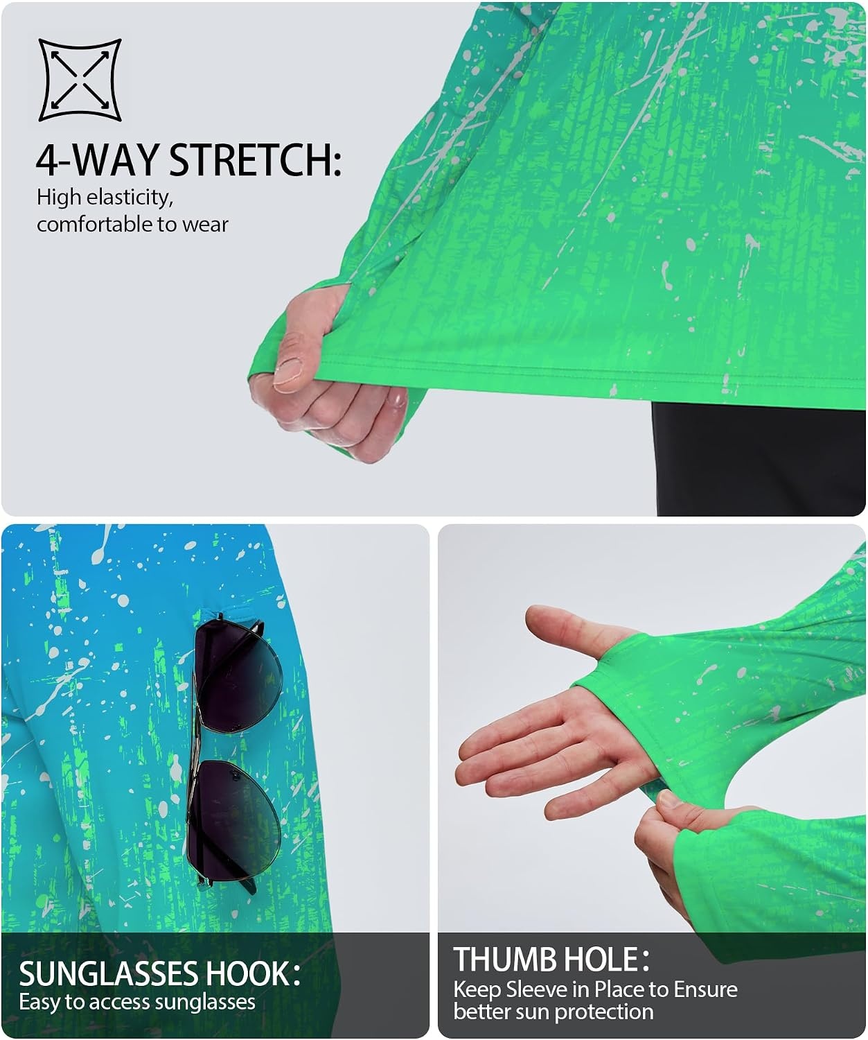 image:imageZITY Mens Sun Protection Printd Shirts Long Sleeve Rash Guard HoodiesAfunny Blue Green Gradient