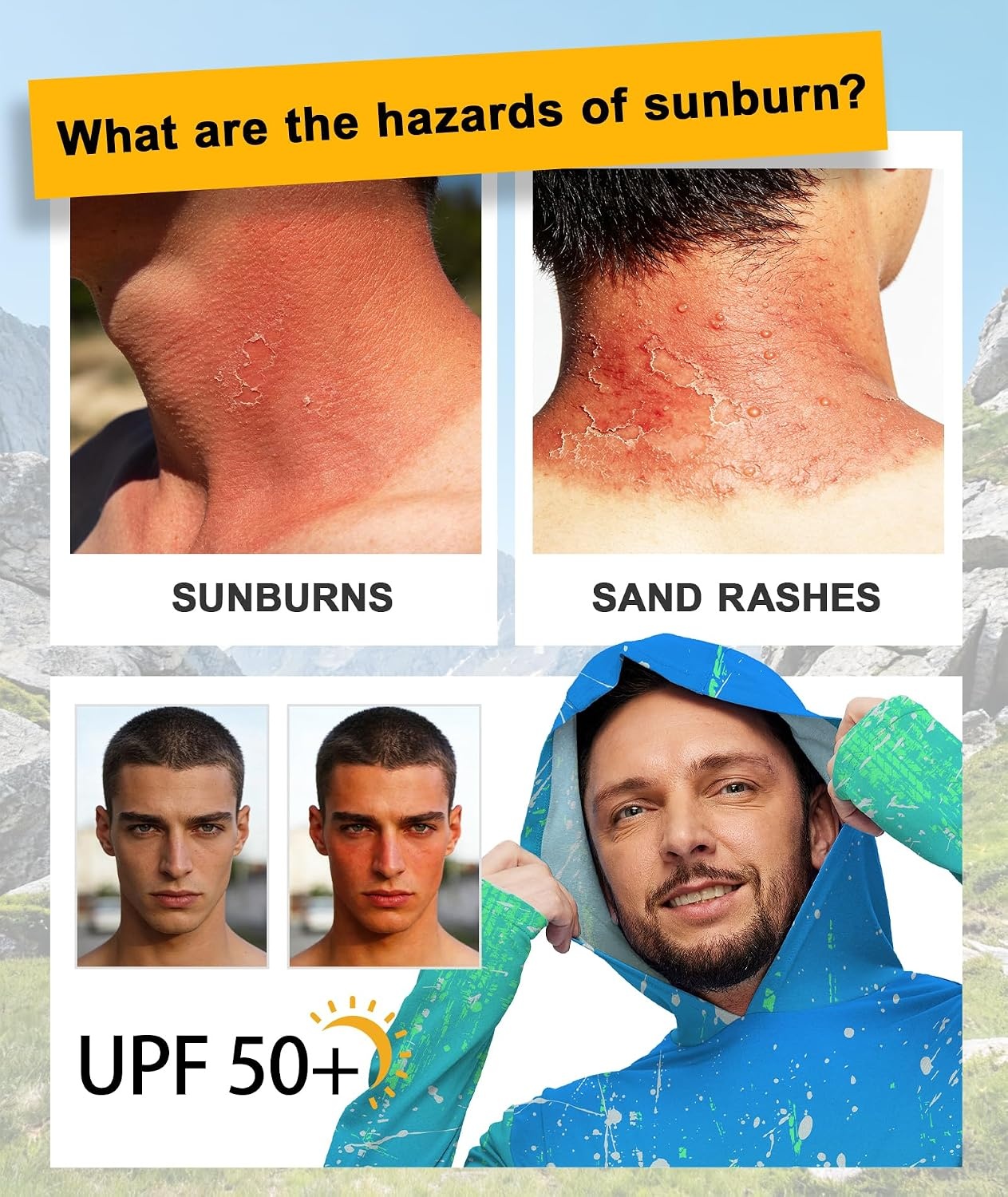 image:imageZITY Mens Sun Protection Printd Shirts Long Sleeve Rash Guard HoodiesAfunny Blue Green Gradient