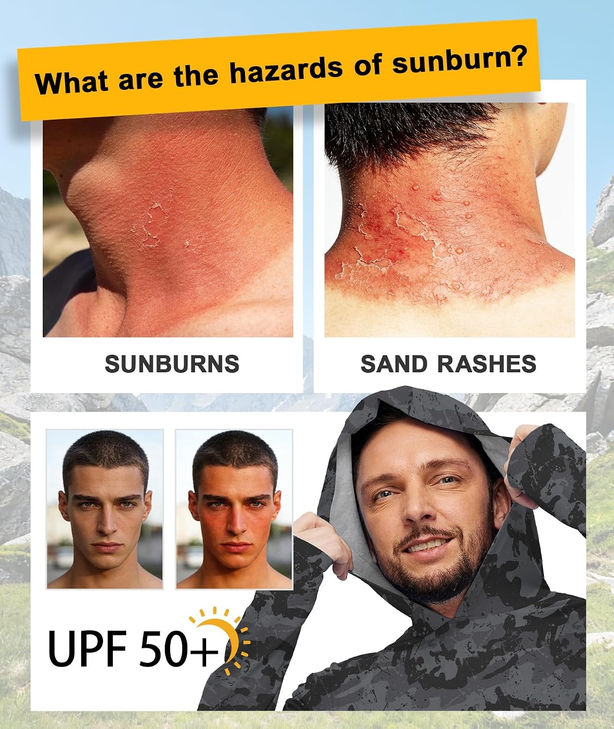 image:imageZITY Mens Sun Protection Printd Shirts Long Sleeve Rash Guard HoodiesFull Black Grey