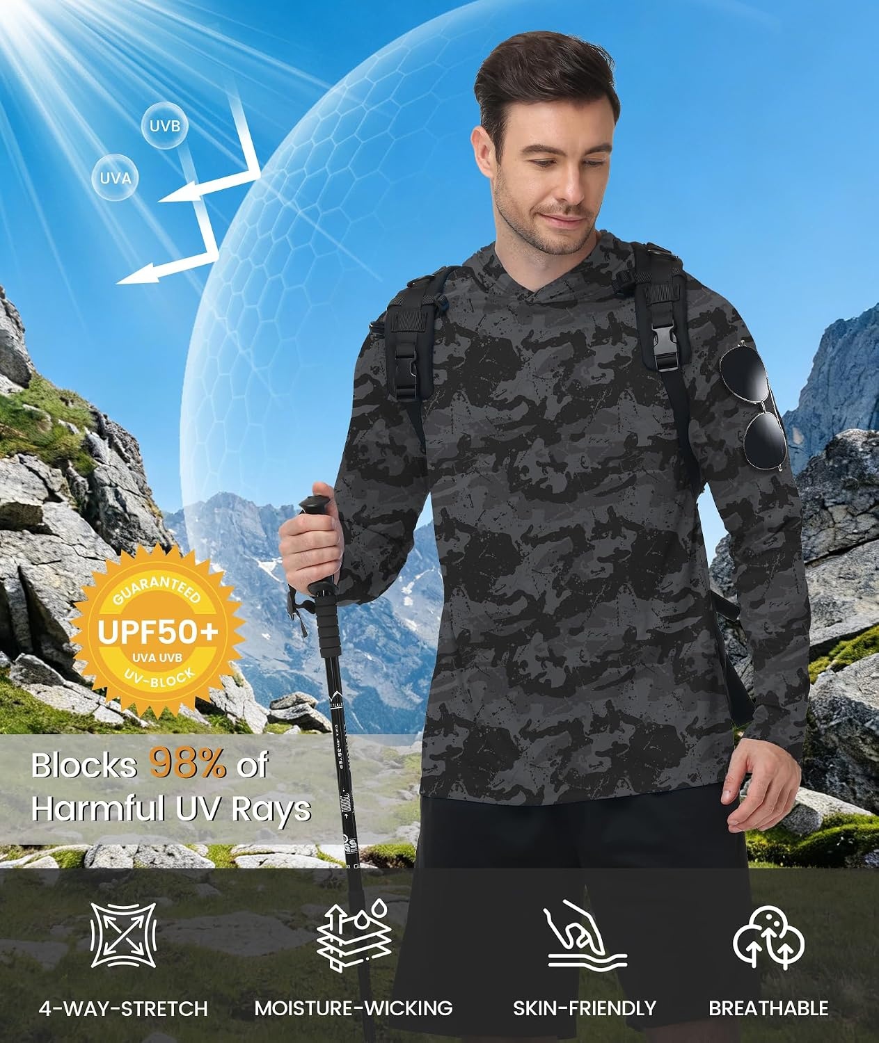image:imageZITY Mens Sun Protection Printd Shirts Long Sleeve Rash Guard HoodiesFull Black Grey
