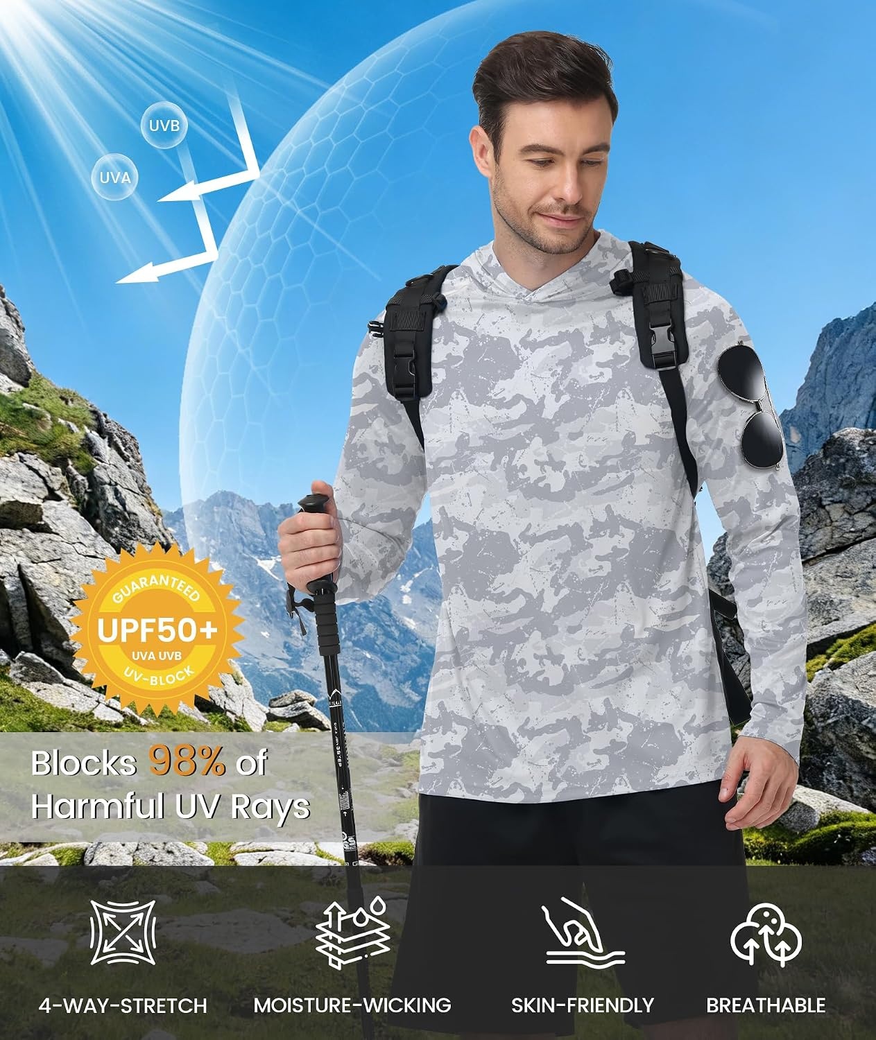 image:imageZITY Mens Sun Protection Printd Shirts Long Sleeve Rash Guard HoodiesFull Grey White