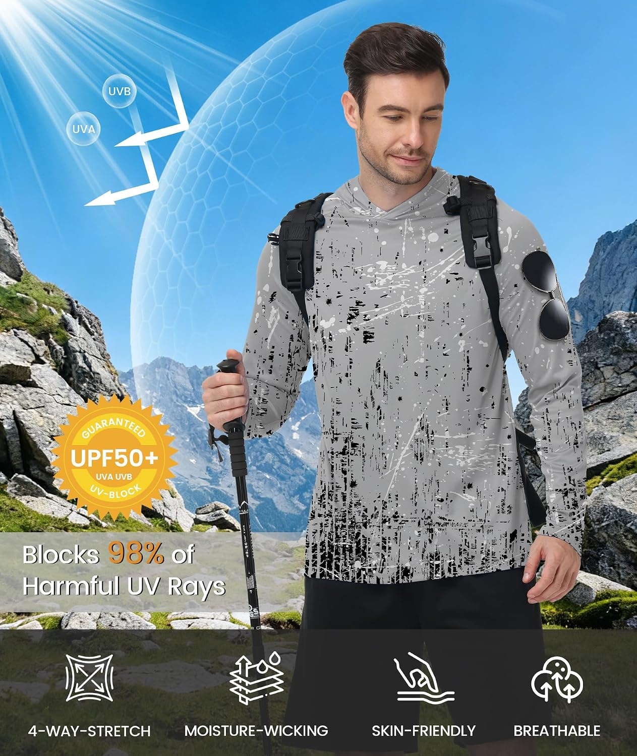 image:imageZITY Mens Sun Protection Printd Shirts Long Sleeve Rash Guard HoodiesFunny Grey Gradient