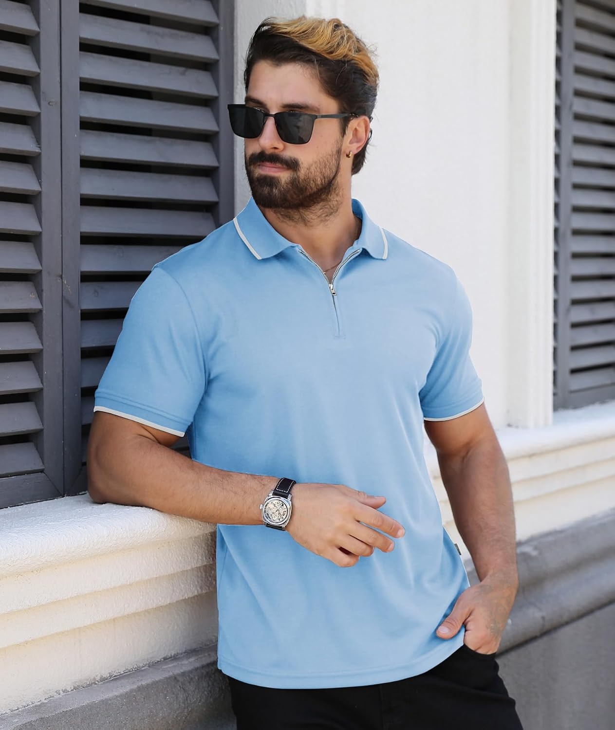 image:imageZITY Polo Shirts for Men Quarter Zip Short Sleeve Casual ShirtMoon Blue
