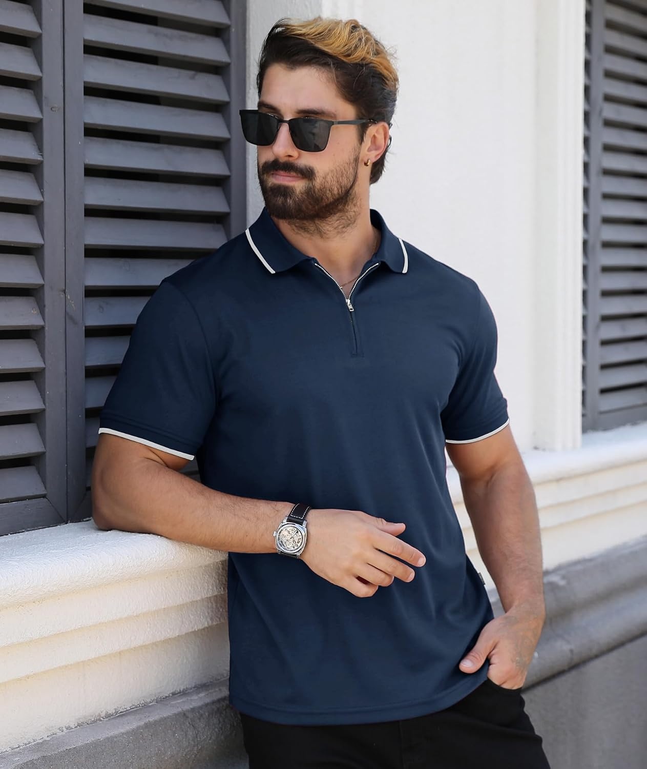 image:imageZITY Polo Shirts for Men Quarter Zip Short Sleeve Casual ShirtNavy