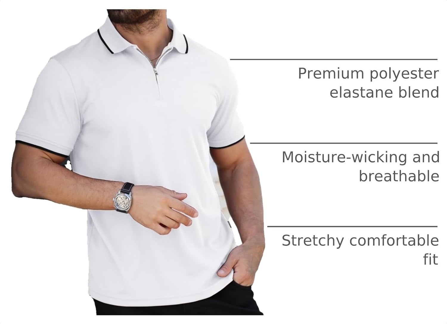 image:imageZITY Polo Shirts for Men Quarter Zip Short Sleeve Casual ShirtWhite