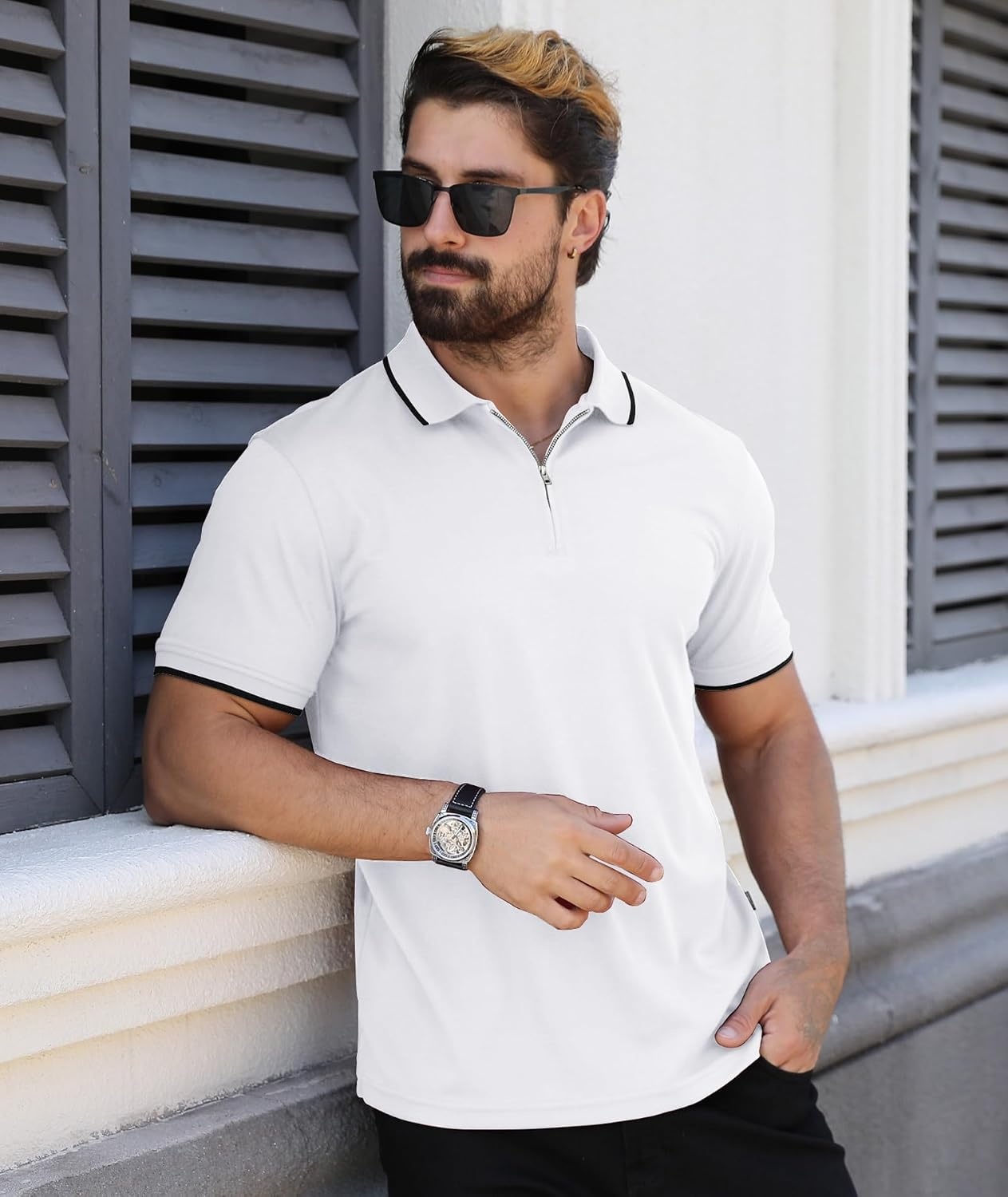 image:imageZITY Polo Shirts for Men Quarter Zip Short Sleeve Casual ShirtWhite