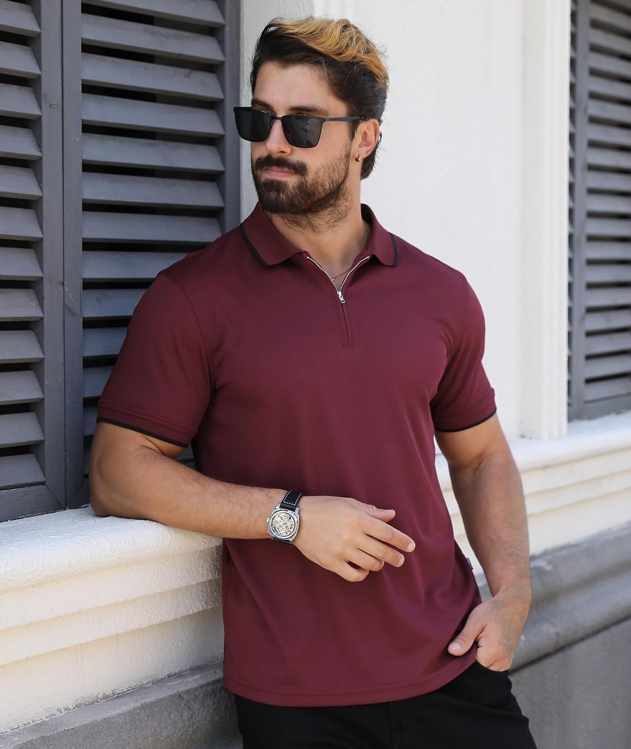 image:imageZITY Polo Shirts for Men Quarter Zip Short Sleeve Casual ShirtWine Red
