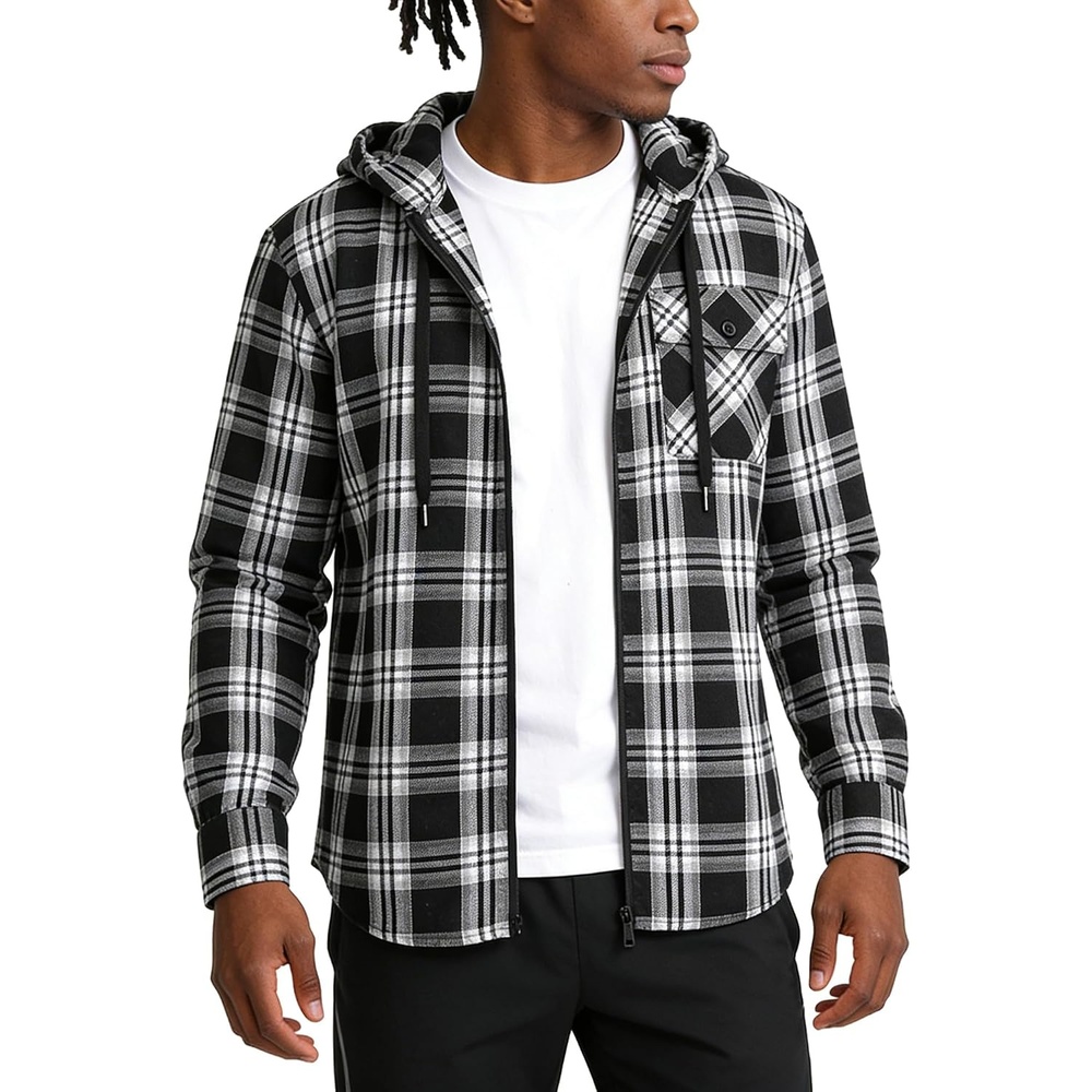 image:imageZITY Flannel Hoodie for Mens Plaid Shirt with HoodBlack Grey