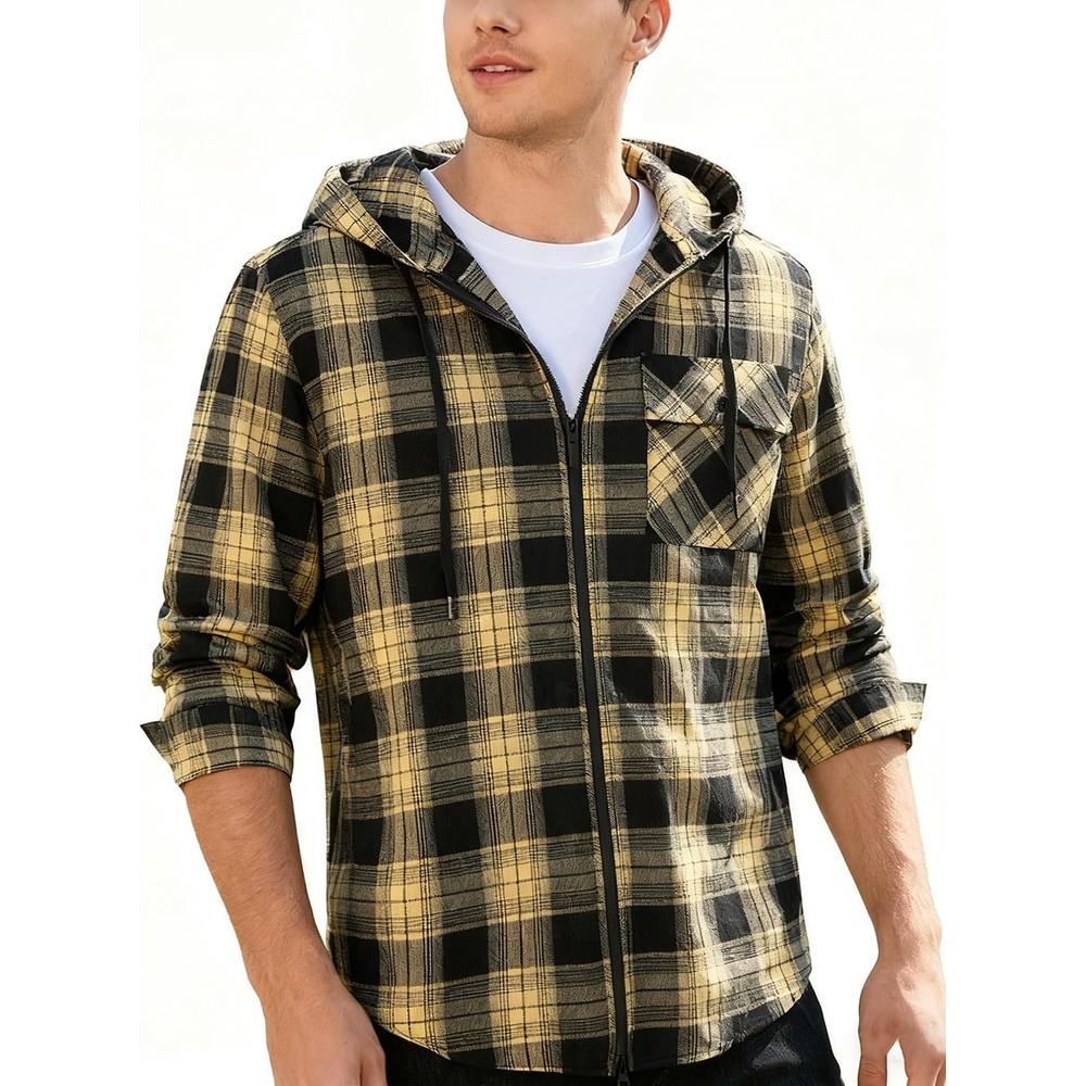 image:imageZITY Flannel Hoodie for Mens Plaid Shirt with HoodBlack Yellow