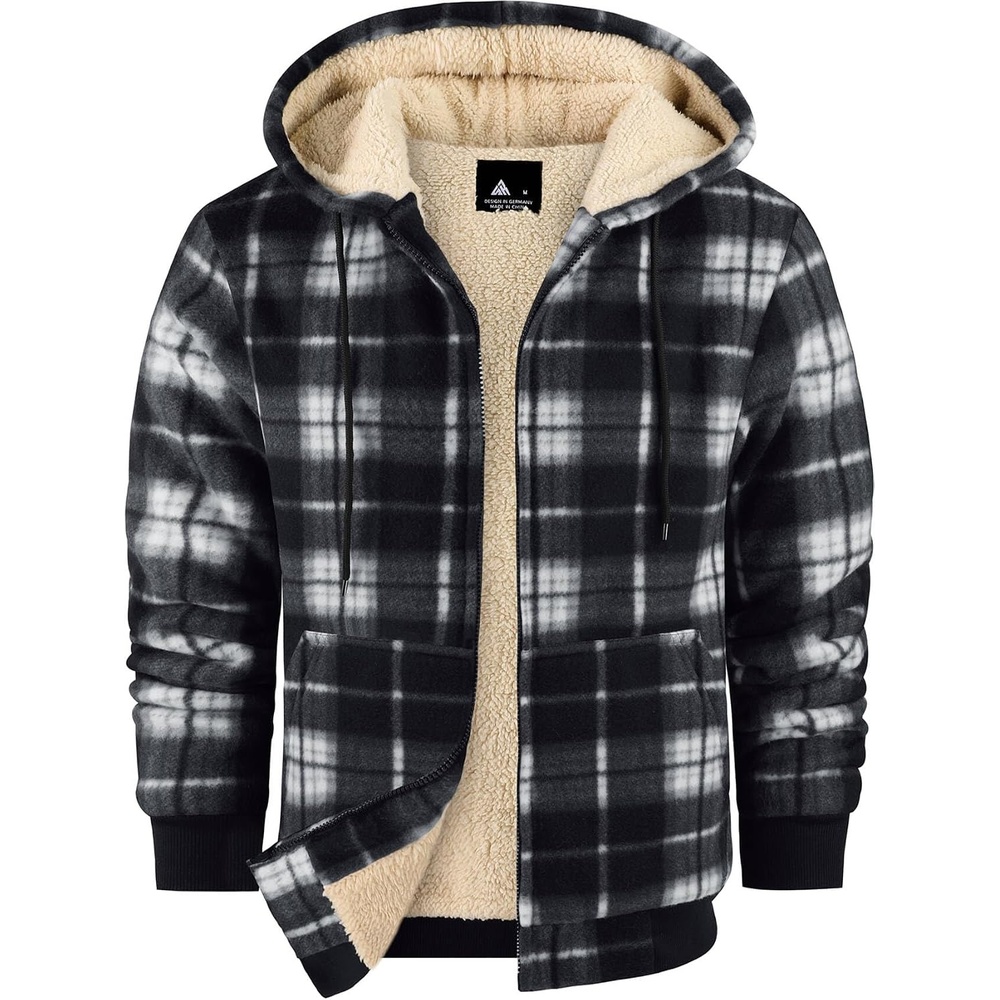 image:imageZITY Heavy Thick Hoodies for Men Plaid Flannel Sherpa Lined Zip Up CoatBlack