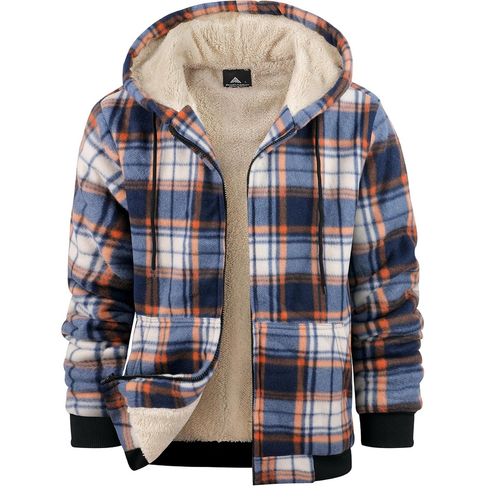 image:imageZITY Heavy Thick Hoodies for Men Plaid Flannel Sherpa Lined Zip Up CoatBlue Orange