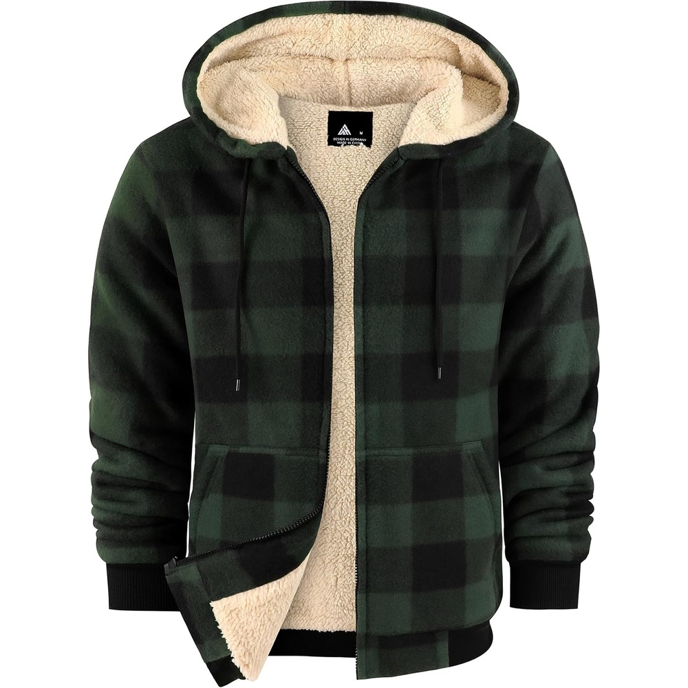 image:imageZITY Heavy Thick Hoodies for Men Plaid Flannel Sherpa Lined Zip Up CoatDark Green