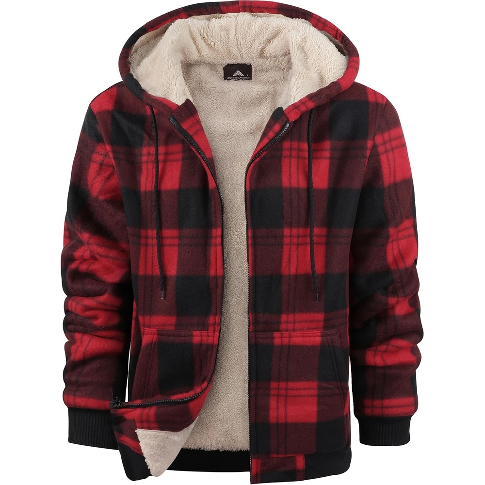 image:imageZITY Heavy Thick Hoodies for Men Plaid Flannel Sherpa Lined Zip Up CoatRed