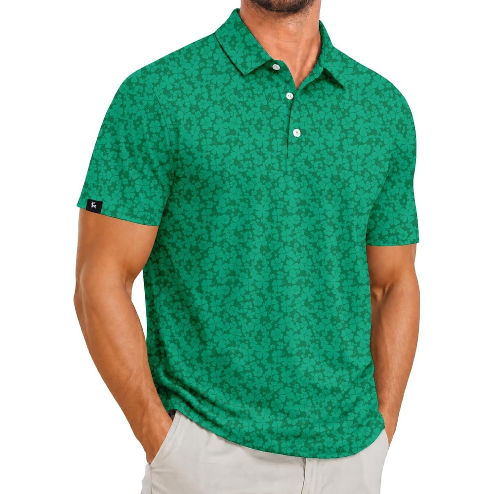 image:imageZITY Mens Golf Polo Shirts Short Sleeve Print Patterns Moisture WickingA Light Green Clover