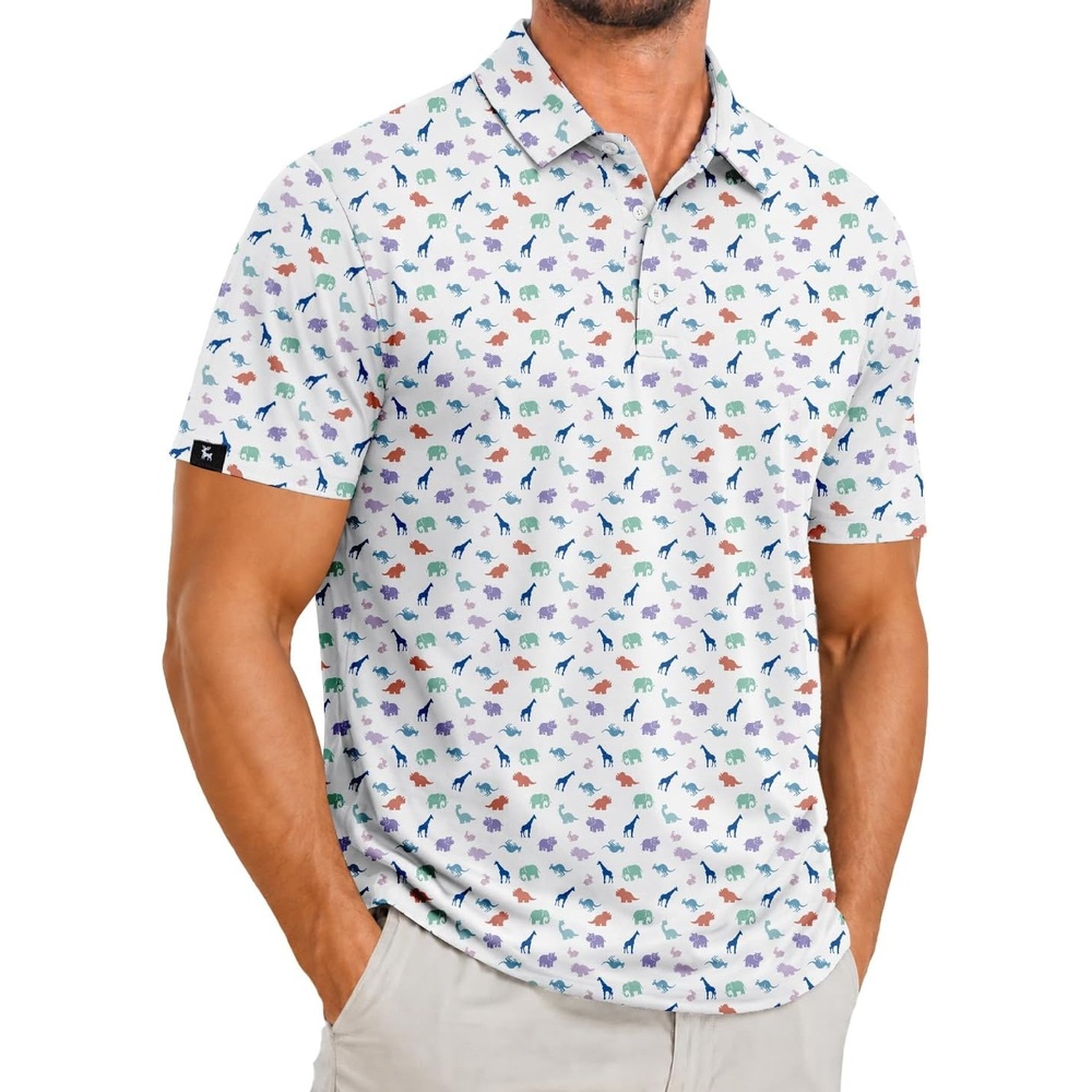 image:imageZITY Mens Golf Polo Shirts Short Sleeve Print Patterns Moisture WickingColorful Dinosaurs