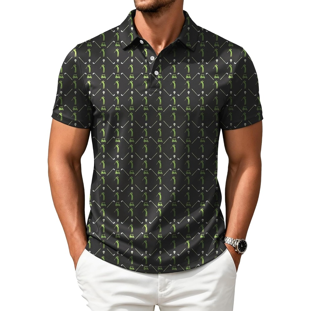 image:imageZITY Mens Golf Shirts Short Sleeve Print Moisture Wicking Polo ShirtBlack Green Golf