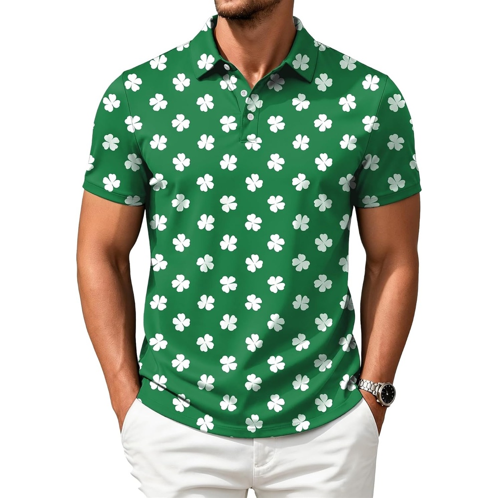 image:imageZITY Mens Golf Shirts Short Sleeve Print Moisture Wicking Polo ShirtGreen Clover