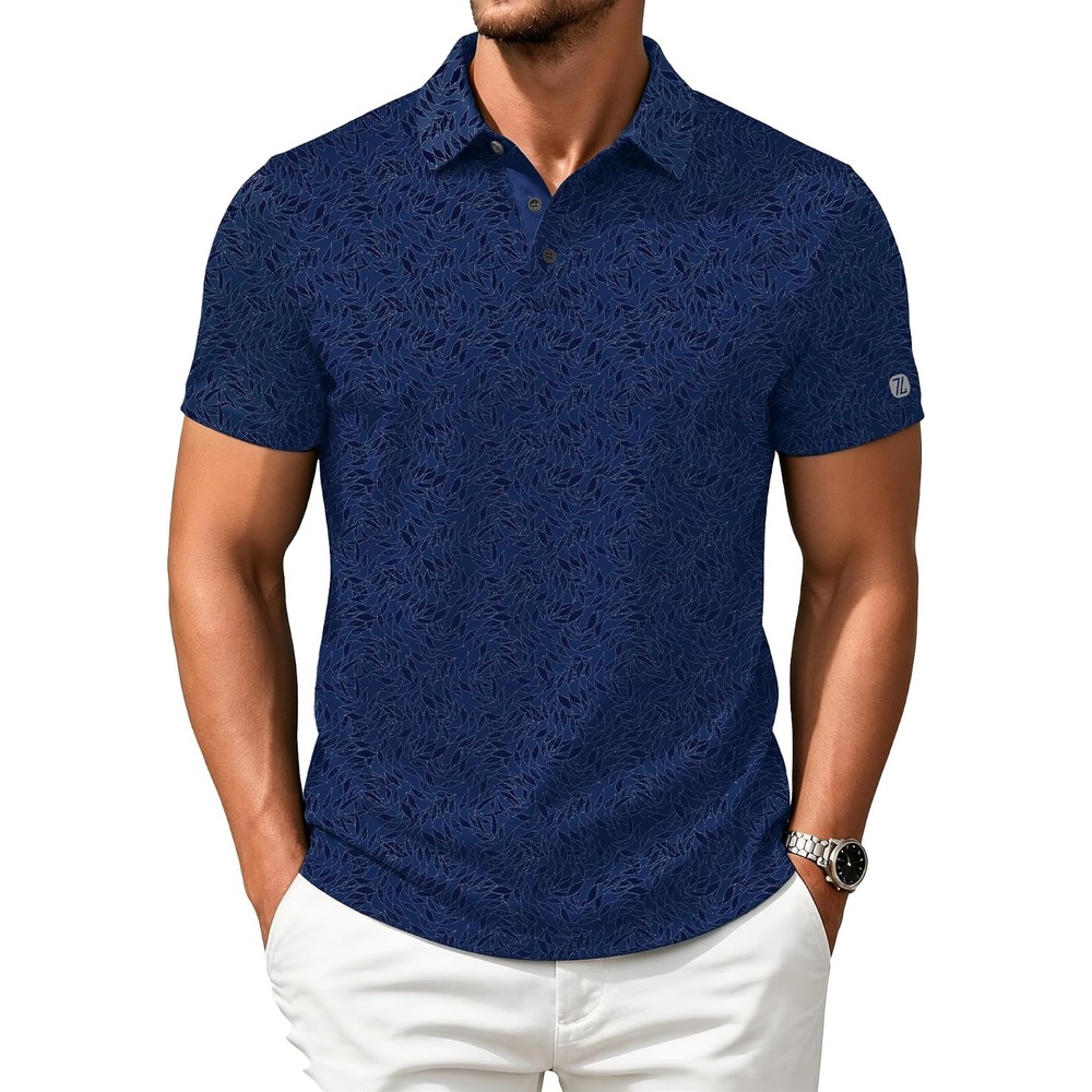 image:imageZITY Mens Golf Shirts Short Sleeve Print Moisture Wicking Polo ShirtNavy Blue Leaves