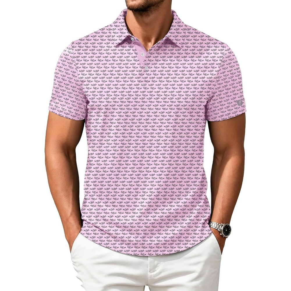 image:imageZITY Mens Golf Shirts Short Sleeve Print Moisture Wicking Polo ShirtPink Fish Bones