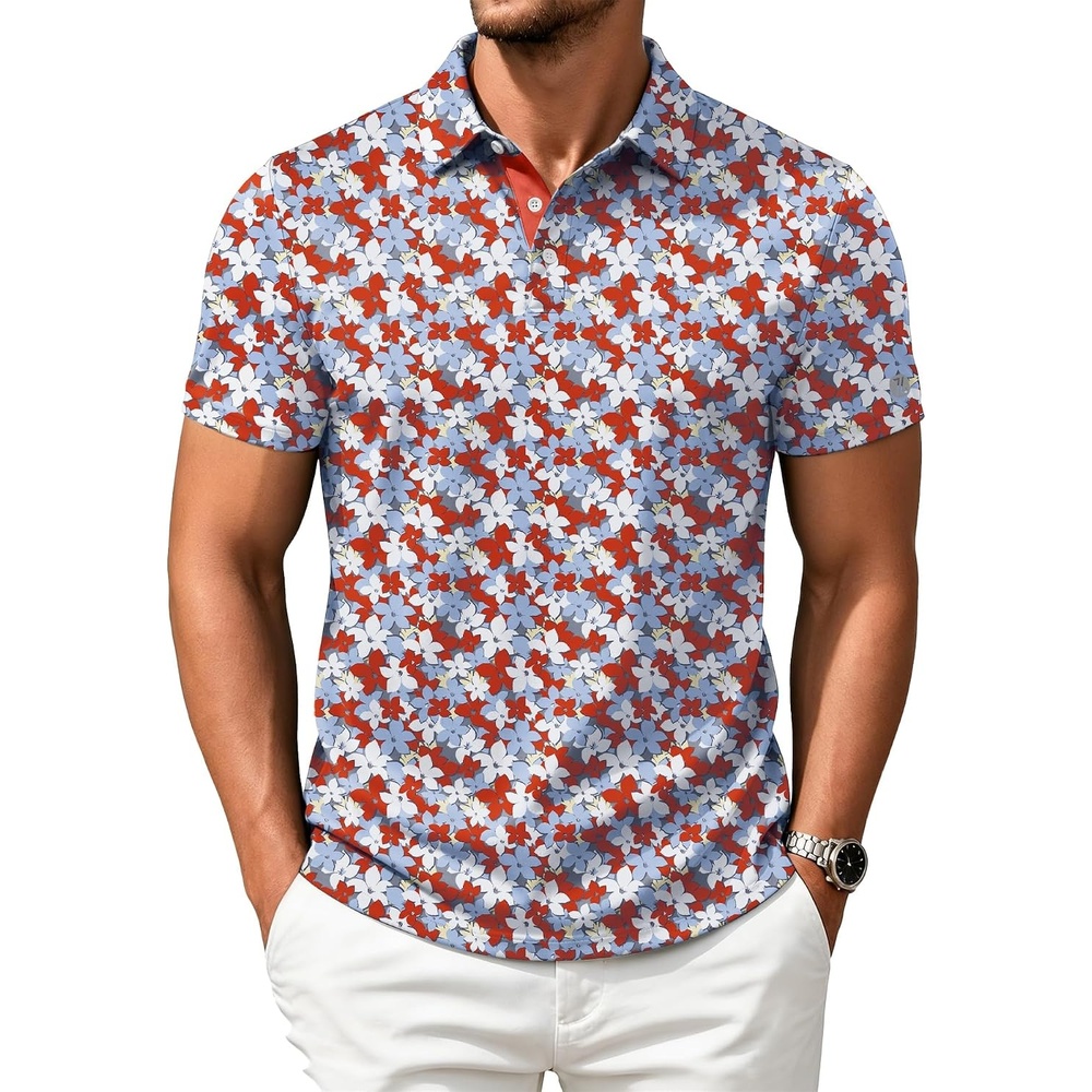 image:imageZITY Mens Golf Shirts Short Sleeve Print Moisture Wicking Polo ShirtRed Maple Leaf