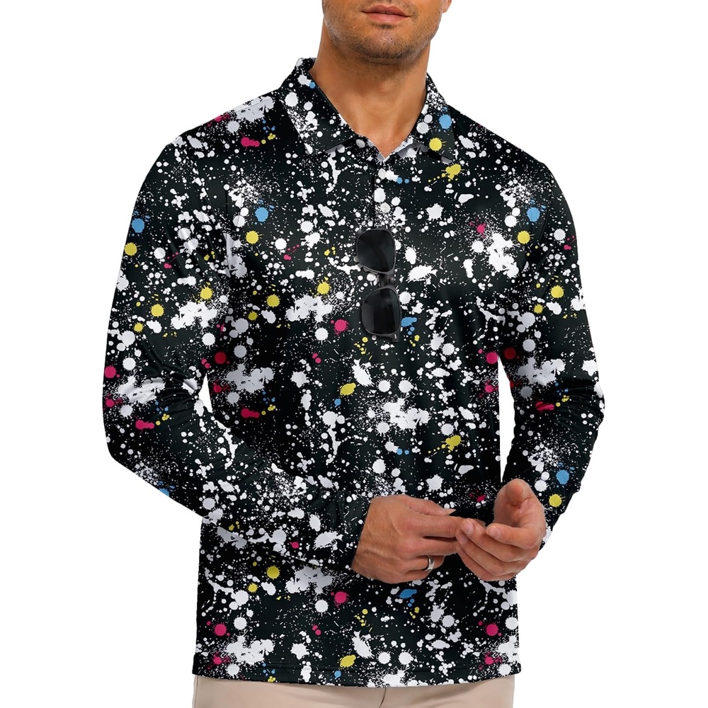 image:imageZITY Mens Long Sleeve Golf Shirts Print Polo Shirts UPF 50 Sun ShirtsBlack Digital Print