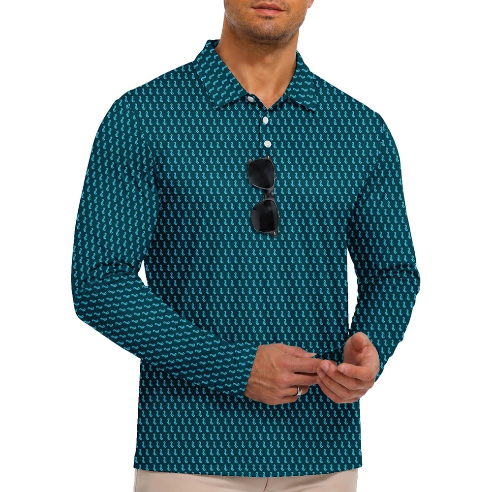 image:imageZITY Mens Long Sleeve Golf Shirts Print Polo Shirts UPF 50 Sun ShirtsBlue Green Seahorse