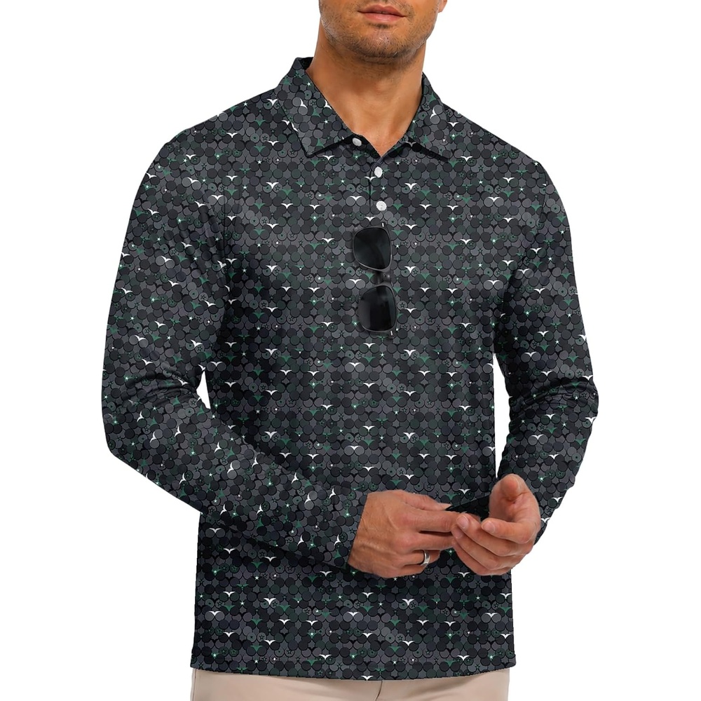image:imageZITY Mens Long Sleeve Golf Shirts Print Polo Shirts UPF 50 Sun ShirtsDark Green Snakeskin