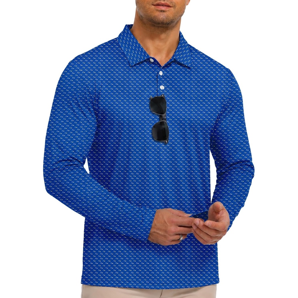 image:imageZITY Mens Long Sleeve Golf Shirts Print Polo Shirts UPF 50 Sun ShirtsDeep Sea Blue Fish
