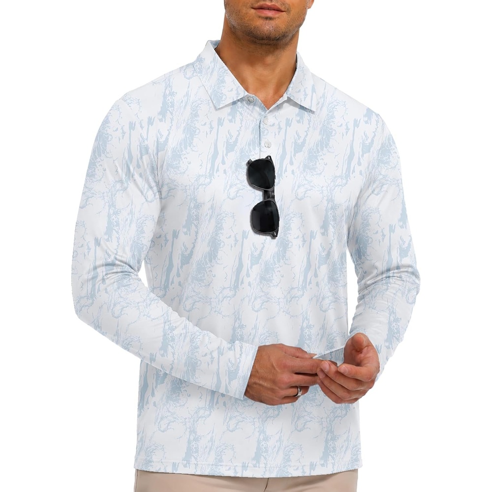 image:imageZITY Mens Long Sleeve Golf Shirts Print Polo Shirts UPF 50 Sun ShirtsGrayish White Ripples