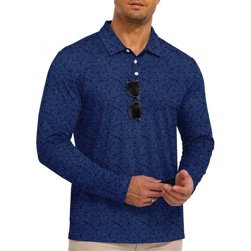 image:imageZITY Mens Long Sleeve Golf Shirts Print Polo Shirts UPF 50 Sun ShirtsNavy Striped Leave