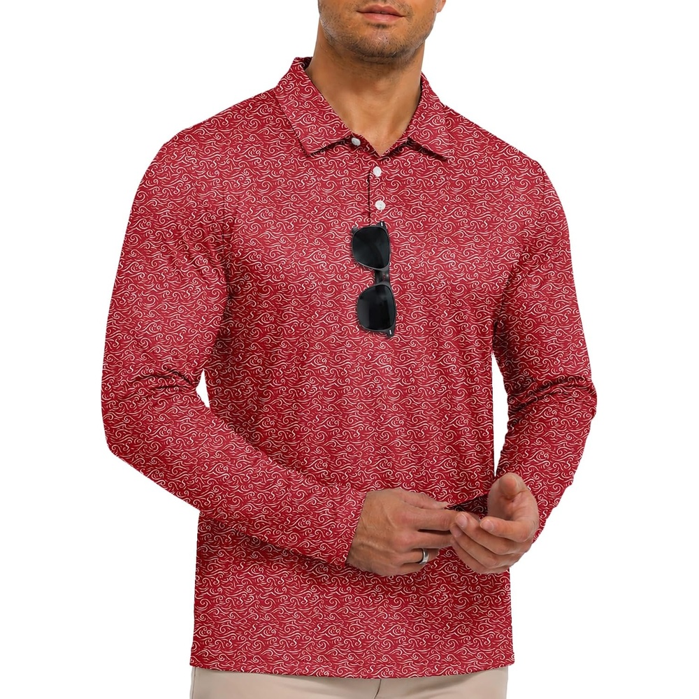 image:imageZITY Mens Long Sleeve Golf Shirts Print Polo Shirts UPF 50 Sun ShirtsRed Wave