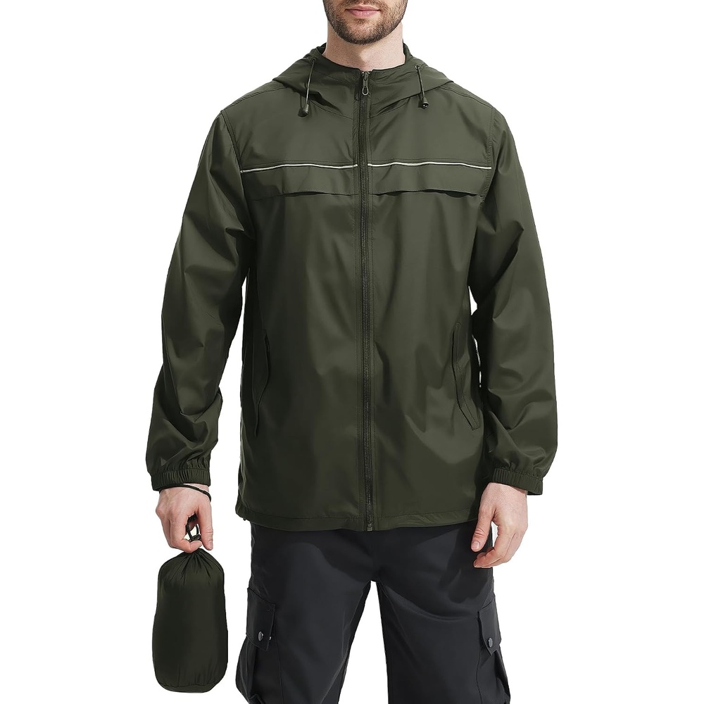image:imageZITY Mens Rain Jacket Waterproof Lightweight Rain Coat Packable WindbreakerArmy Green
