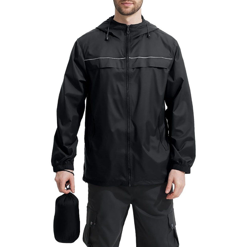 image:imageZITY Mens Rain Jacket Waterproof Lightweight Rain Coat Packable WindbreakerBlack