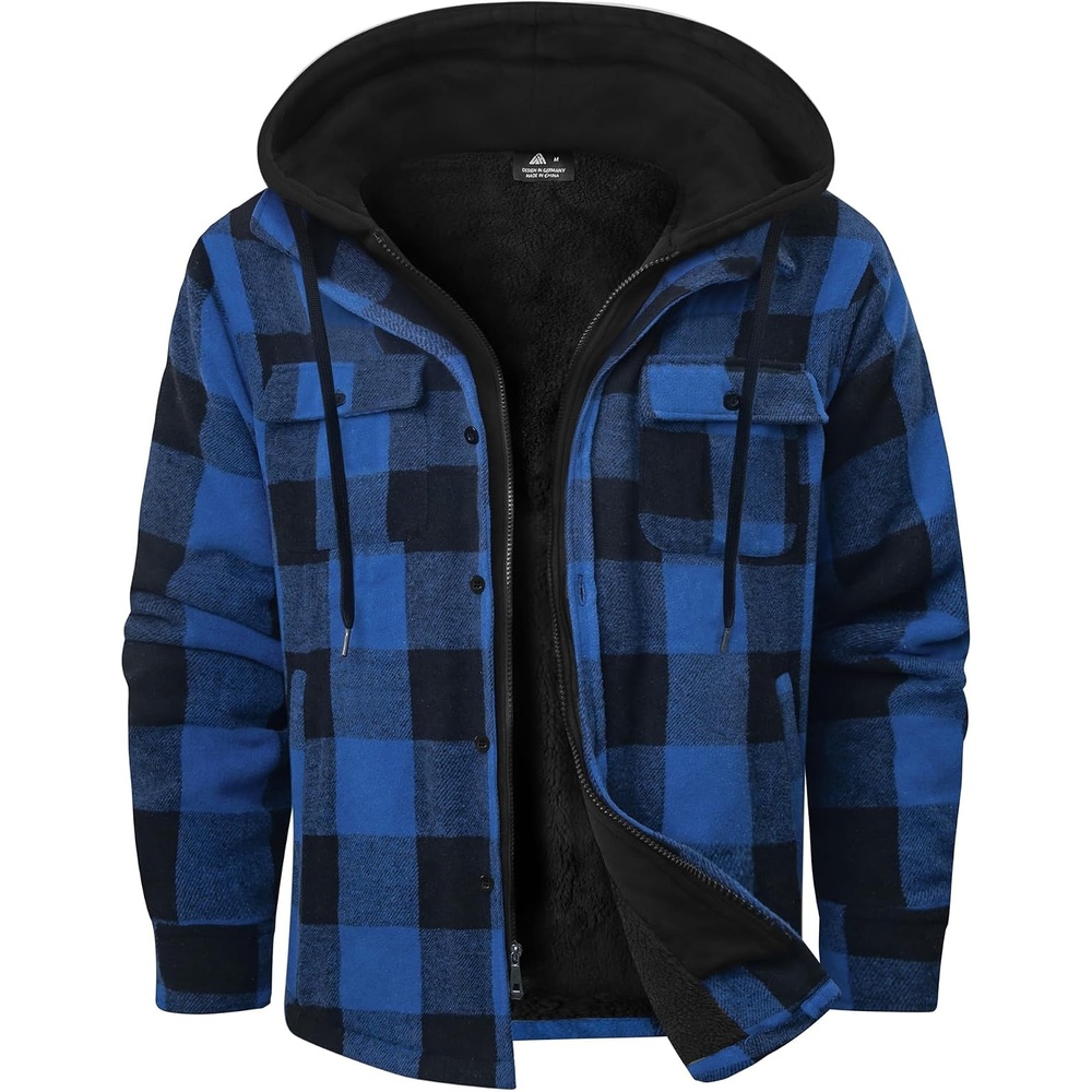 image:imageZITY Mens Sherpa Flannel Shirt Jacket Plaid Fleece Lined Hooded SweatshirtBlue