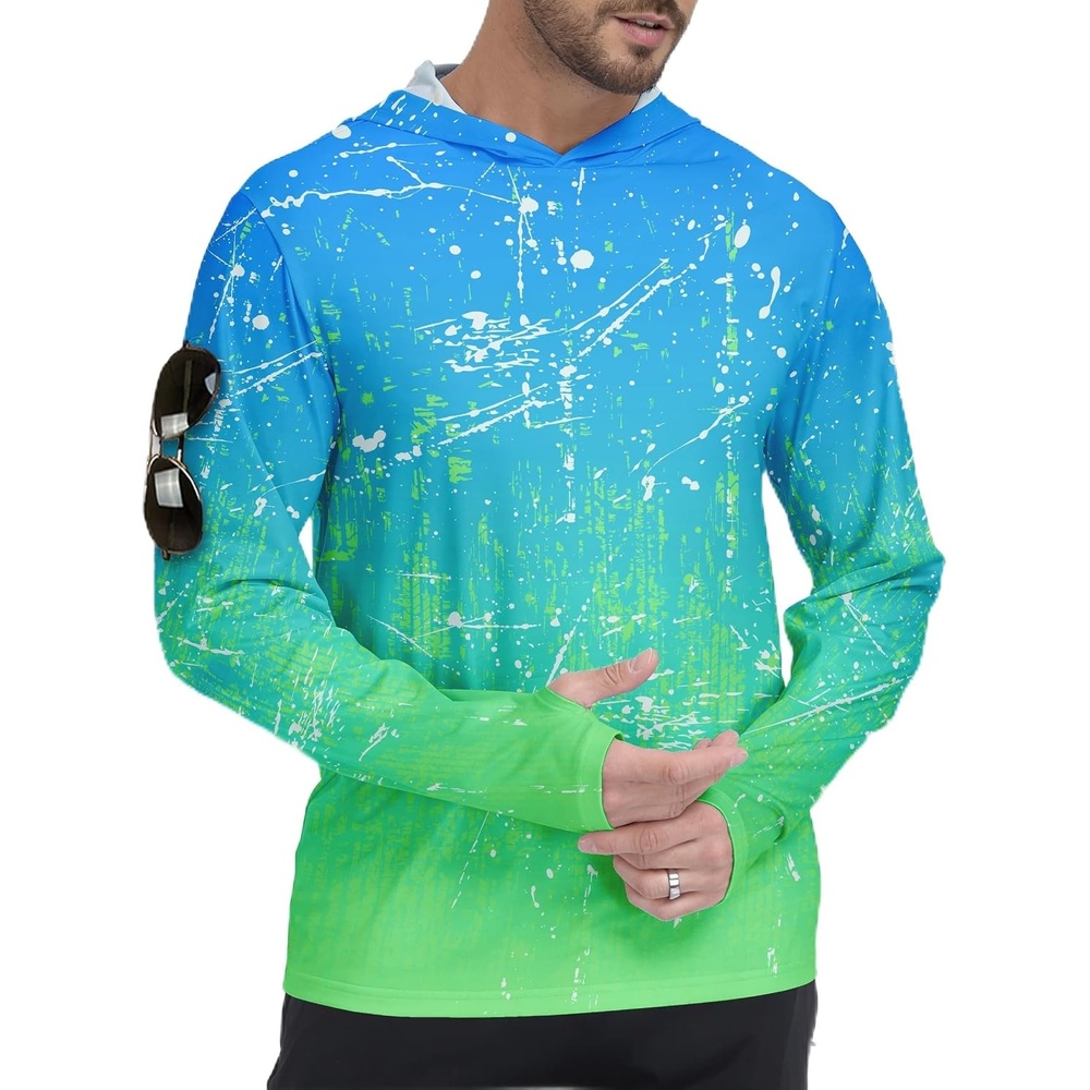image:imageZITY Mens Sun Protection Printd Shirts Long Sleeve Rash Guard HoodiesAfunny Blue Green Gradient