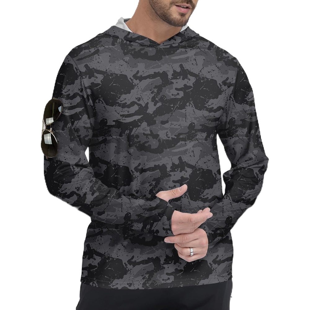 image:imageZITY Mens Sun Protection Printd Shirts Long Sleeve Rash Guard HoodiesFull Black Grey