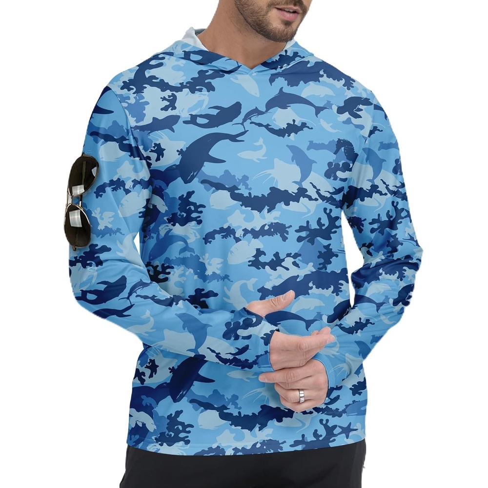 image:imageZITY Mens Sun Protection Printd Shirts Long Sleeve Rash Guard HoodiesFull Blue Sea
