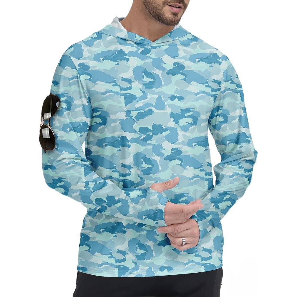 image:imageZITY Mens Sun Protection Printd Shirts Long Sleeve Rash Guard HoodiesFull Blue Watercolour