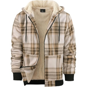 ZITY Heavy Thick Hoodies for Men Plaid Flannel Sherpa Lined Zip Up Coat(Beige)