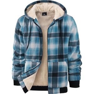 ZITY Heavy Thick Hoodies for Men Plaid Flannel Sherpa Lined Zip Up Coat(Light Blue White)