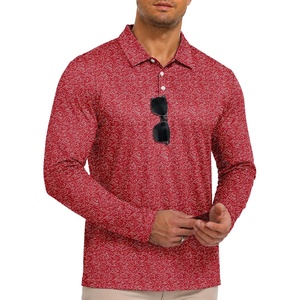 ZITY Mens Long Sleeve Golf Shirts Print Polo Shirts UPF 50+ Sun Shirts(Red Wave)