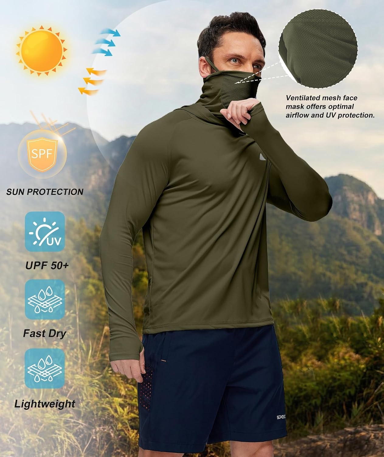 image:imageHooded Shirts for Men with Mask Fishing Hoodies UPF 50Army Green