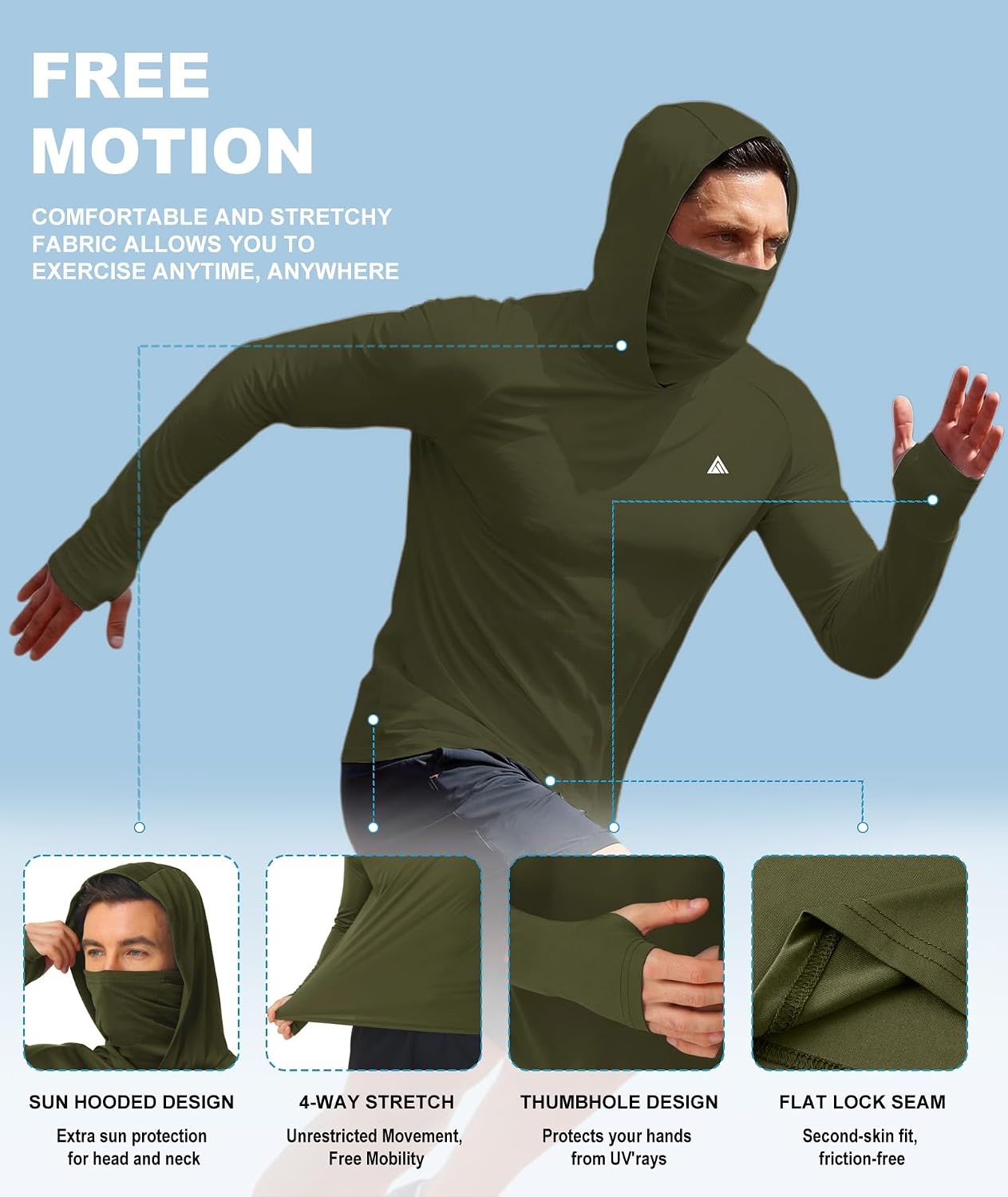 image:imageHooded Shirts for Men with Mask Fishing Hoodies UPF 50Army Green