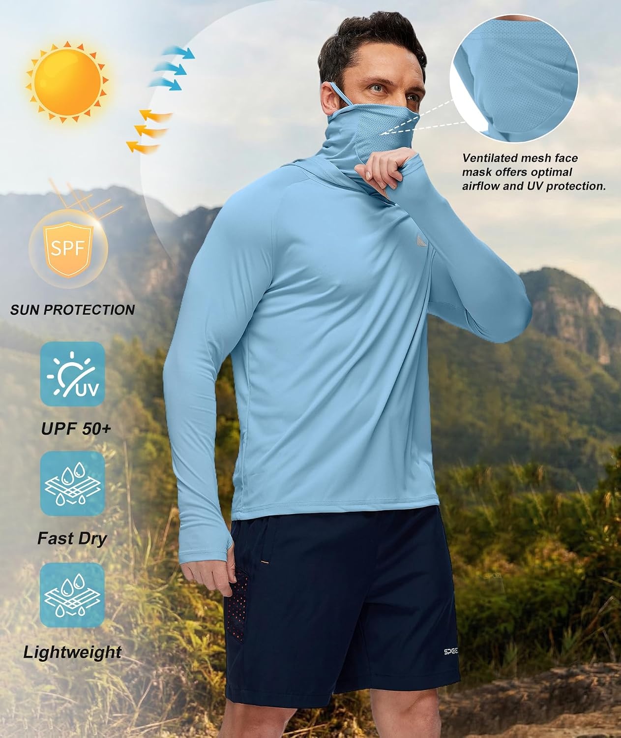 image:imageHooded Shirts for Men with Mask Fishing Hoodies UPF 50Light Blue
