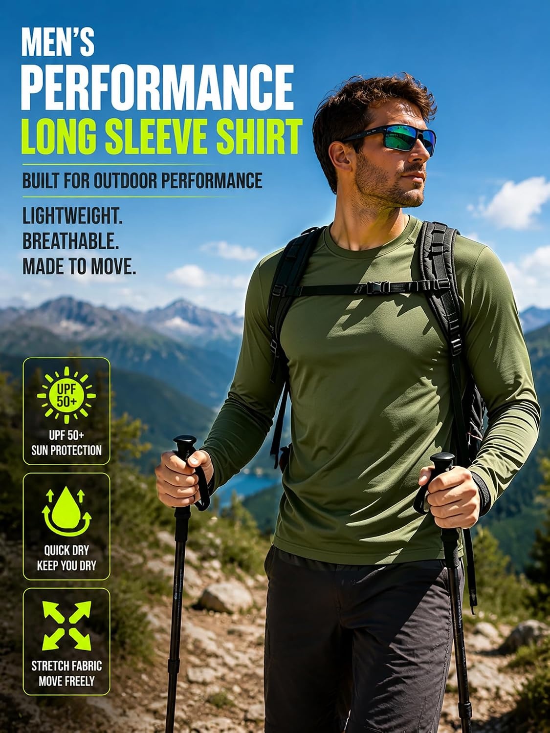 image:imageMens Long Sleeve Tee Shirts Sun Protection Fast Dry3packarmy Green