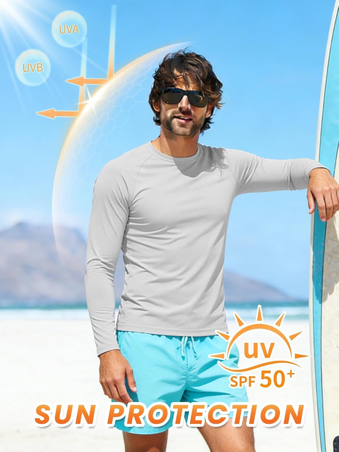 image:imageMens Long Sleeve Tee Shirts Sun Protection Fast DryLightgrayneonorangewhite