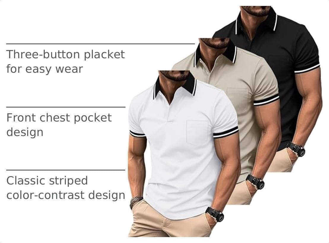 image:imageZITY 3 Pack Men Polo Shirts Short Sleeve Athletic Golf Polos with PocketBlack White Khaki